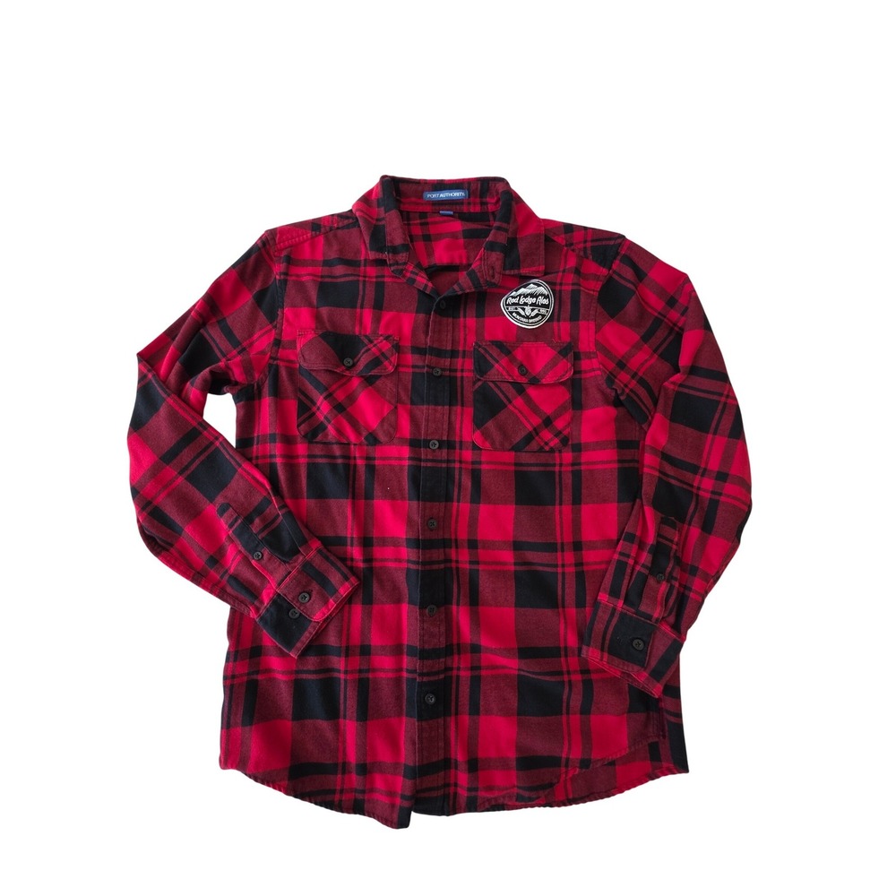 Red Lodge Ales Patch Flannel Buffalo Plaid Medium Red Black Shirt MT Brewery
